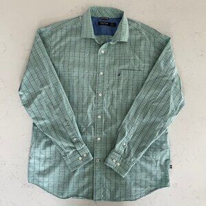 Nautica LS Button Down Cotton Tencel Blend Check Shirt Soft Green Blue Sz L